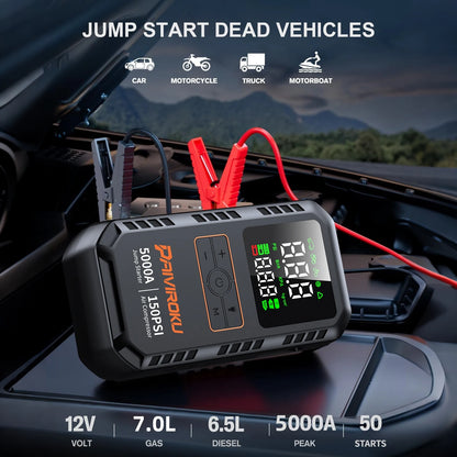 PAIVIROKU 4-IN-1 Car Jump Starter with Air Compressor 5000APeak Auto Battery Booster 150PSI Air Pump Power Bank Tire Inflator