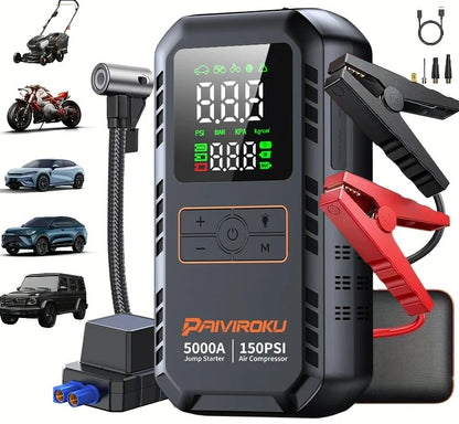 PAIVIROKU 4-IN-1 Car Jump Starter with Air Compressor 5000APeak Auto Battery Booster 150PSI Air Pump Power Bank Tire Inflator
