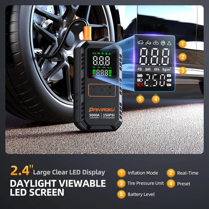 PAIVIROKU 4-IN-1 Car Jump Starter with Air Compressor 5000APeak Auto Battery Booster 150PSI Air Pump Power Bank Tire Inflator