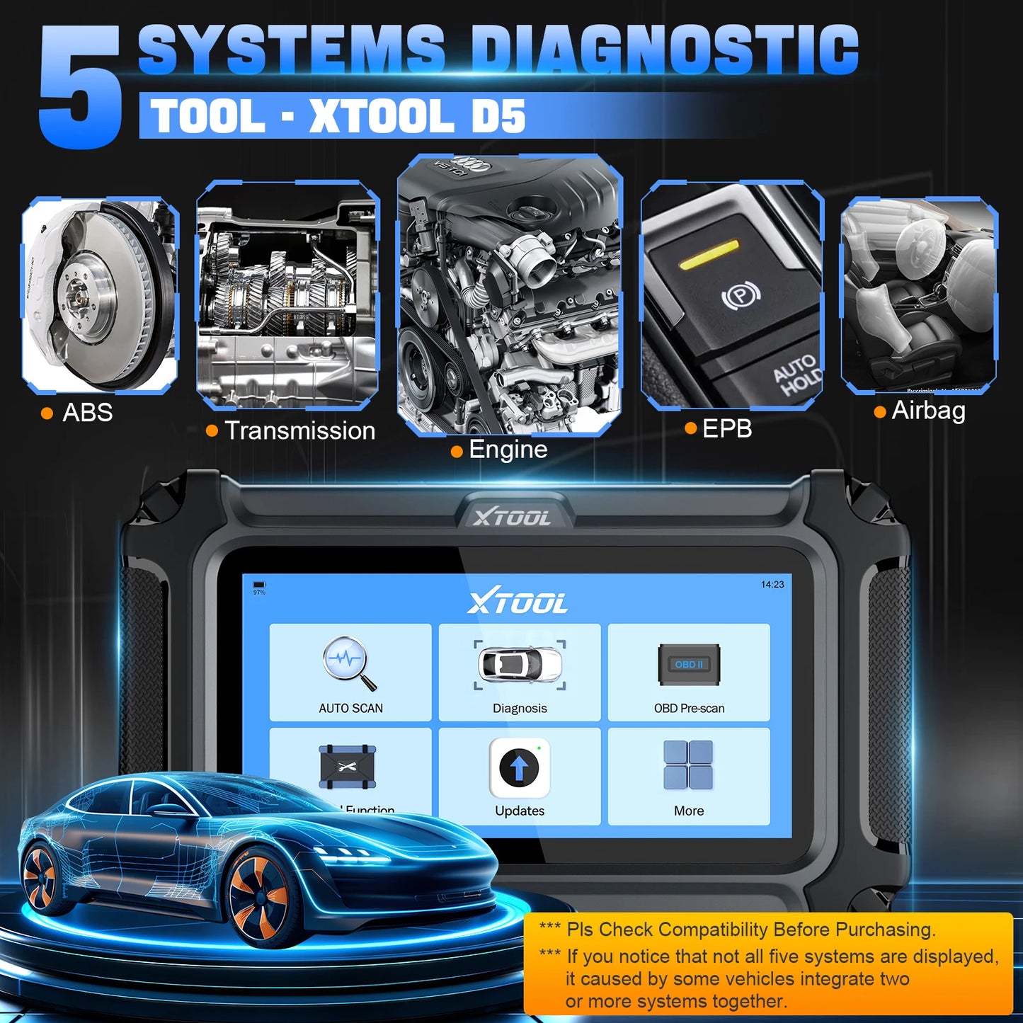 XTOOL D5 Car Diagnostic Tools Gearbox ABS EPB Airbag Engine 5 System Scanner 10 Reset Service OBD2 Scanner Lifetime Free Update