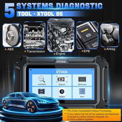 XTOOL D5 Car Diagnostic Tools Gearbox ABS EPB Airbag Engine 5 System Scanner 10 Reset Service OBD2 Scanner Lifetime Free Update