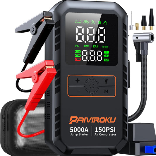 PAIVIROKU 4-IN-1 Car Jump Starter with Air Compressor 5000APeak Auto Battery Booster 150PSI Air Pump Power Bank Tire Inflator