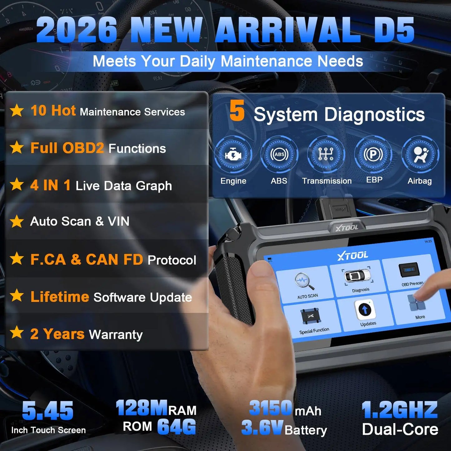 XTOOL D5 Car Diagnostic Tools Gearbox ABS EPB Airbag Engine 5 System Scanner 10 Reset Service OBD2 Scanner Lifetime Free Update